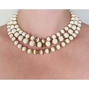 Vintage Mid Century Three Strand White Beads Collar Length Necklace 50s